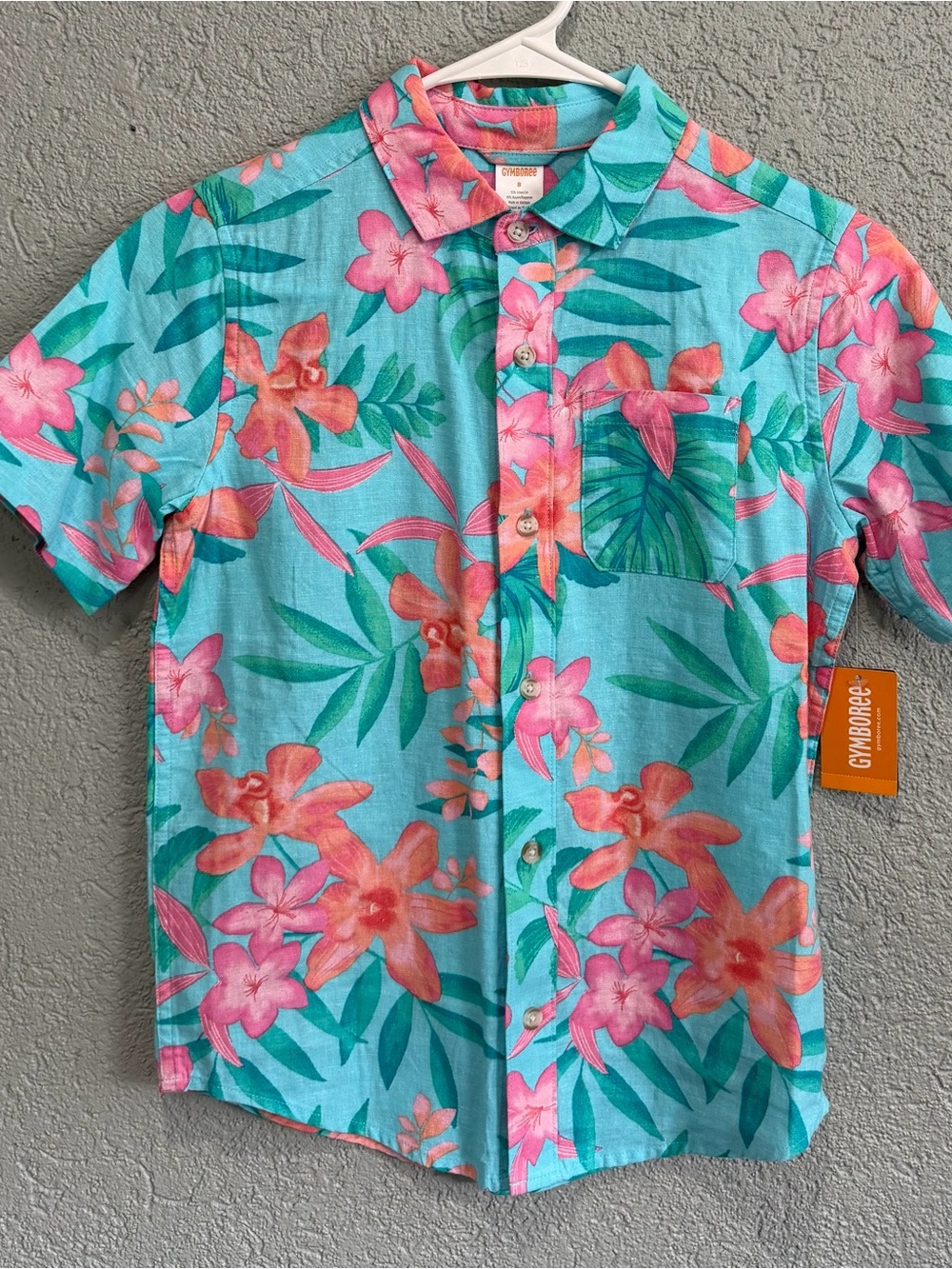 Gymboree Turquoise Button-Down Shirt with Pink and Coral Floral Print